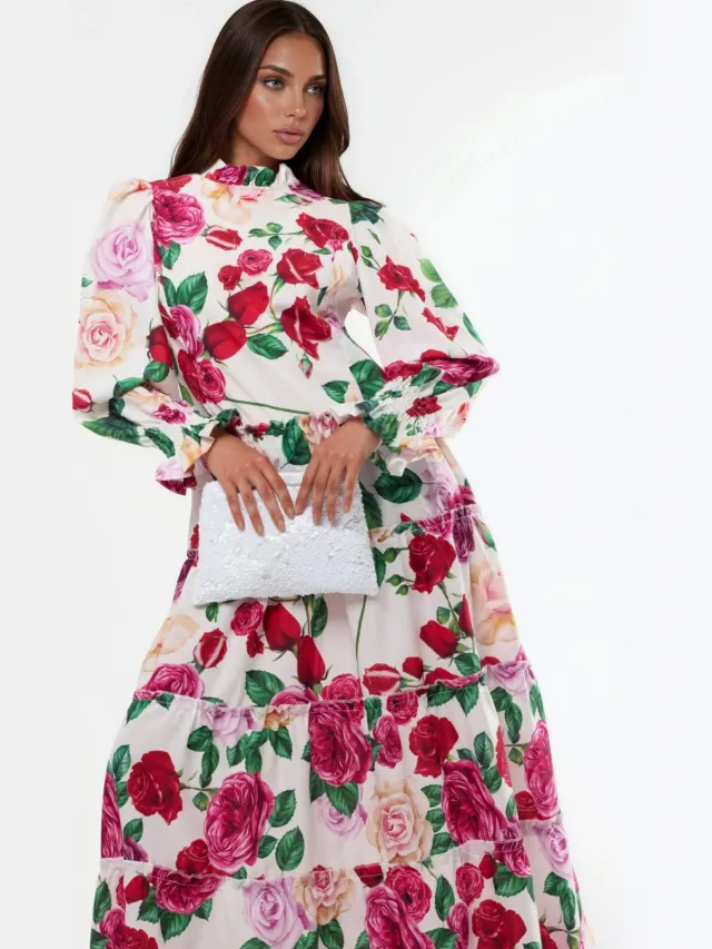MSN Collection Bloemige Ronde Hals Maxi Jurk Wit