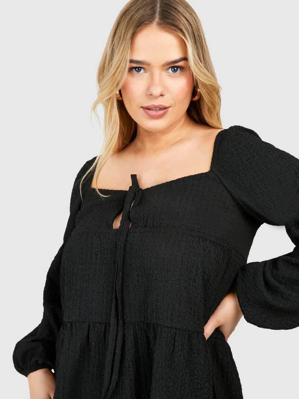 boohoo Dames Plus Gestructureerde Gelaagde Smock Jurk zwart, foto 3