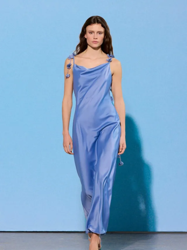 Trendyol TRENDYOLMİLLA Dames Blauw Effen Maxi Mouwloos Slip Avond & Gala Jurk