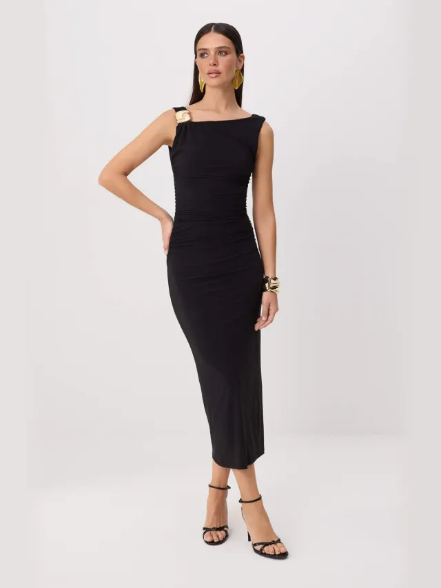 Trendyol TRENDYOLMİLLA Dames Zwart Effen Midi Mouwloos Bodycon Jurken