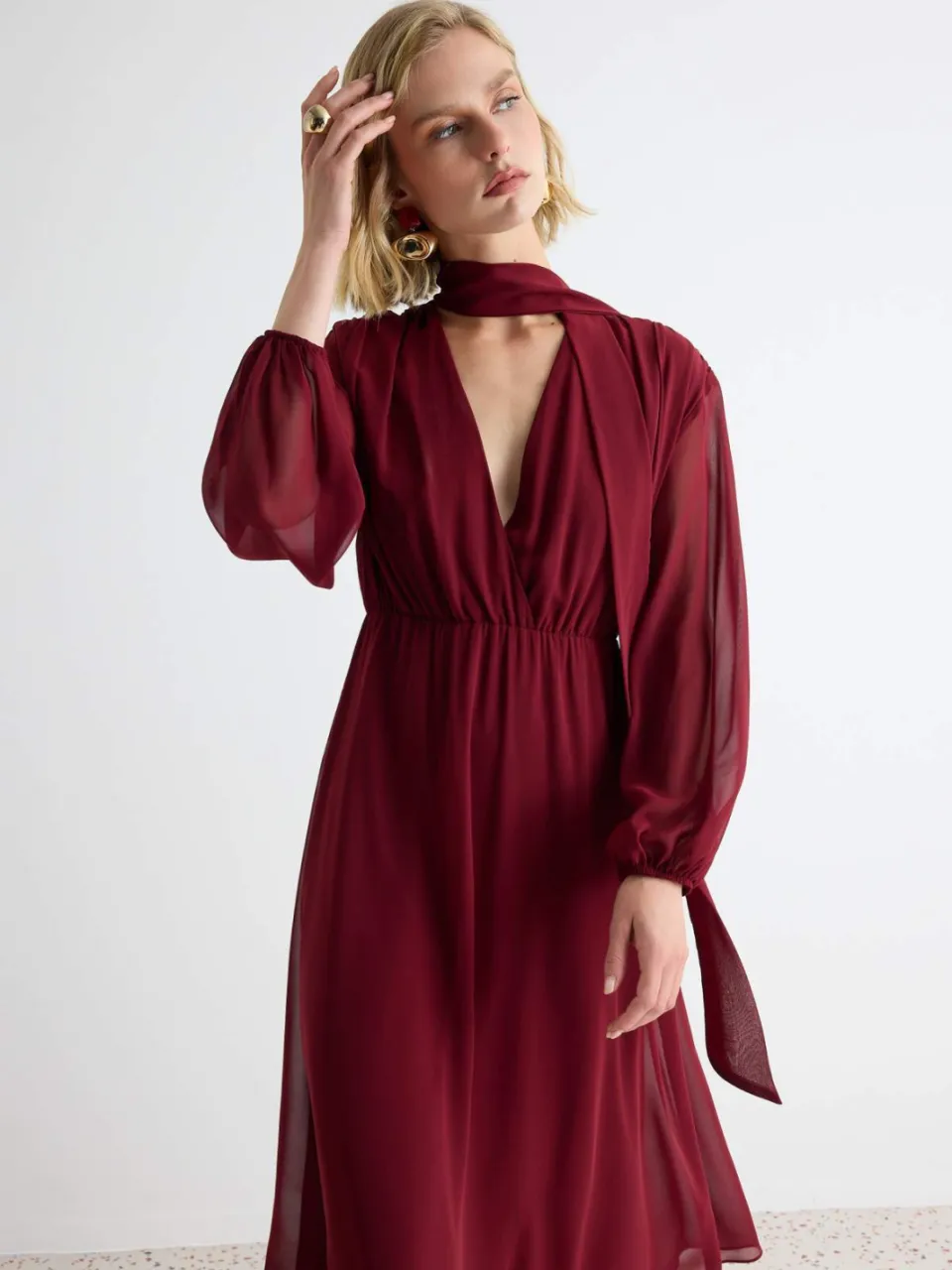 Trendyol TRENDYOLMİLLA Dames Bordeaux Effen Midi Lang A-lijn Jurken, foto 2