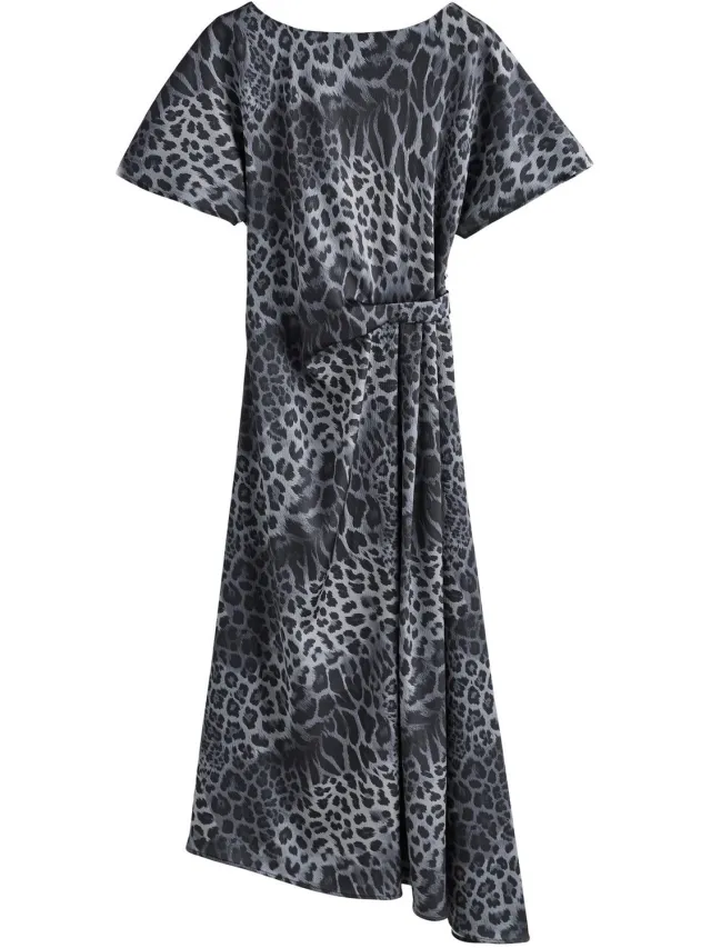 Next Dames - Getextureerde satijnen midi-jurk met korte mouwen en rimpels opzij - Dierenprint Grey Animal Print