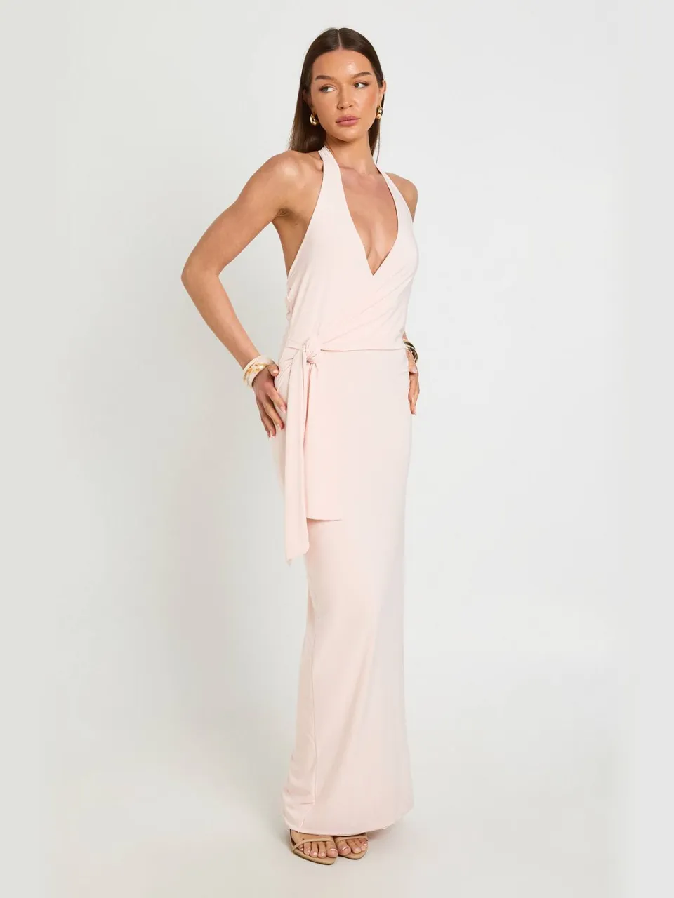 boohoo Dames Slinky Halterneck Maxi Jurk Met Strikceintuur rozenkleurig, foto 3