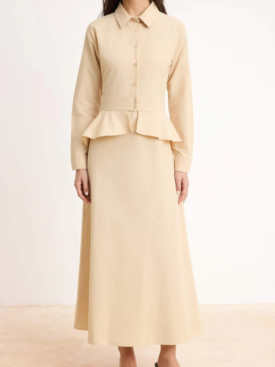 Trendyol Modest Dames Beige Effen Maxi Lang Casual Skater Modest Jurken, foto 2