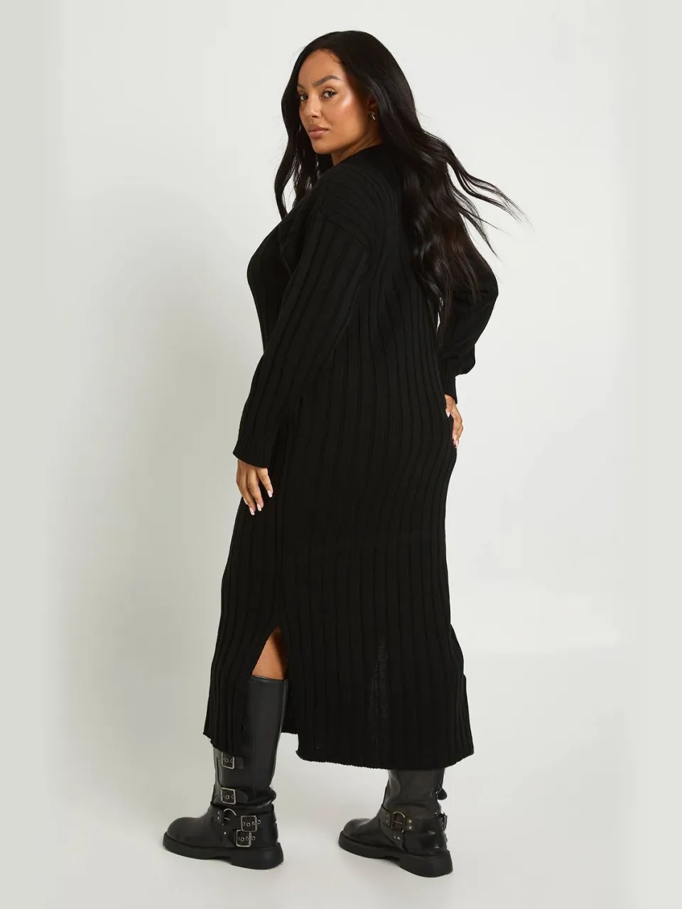 boohoo Dames Plus Chunky Rib Zachte Gebreide Midaxi Jurk zwart, foto 2