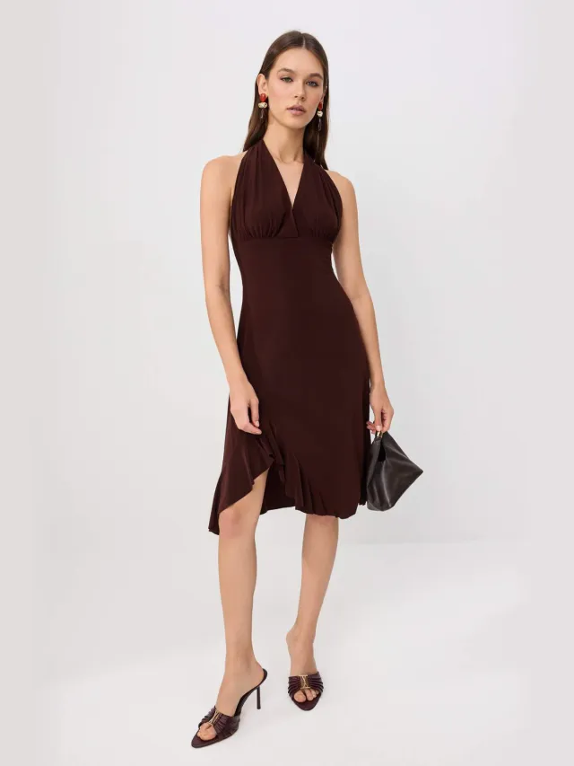 Trendyol TRENDYOLMİLLA Dames Bruin Effen Midi Mouwloos Skater Jurken