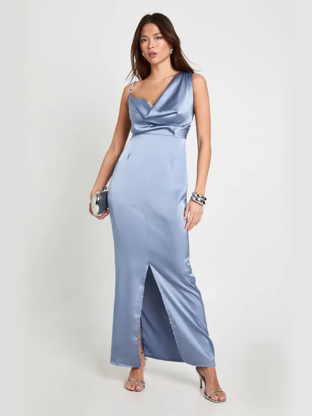 boohoo Dames Asymmetrische satijn maxi-jurk met draperende rug Grijs