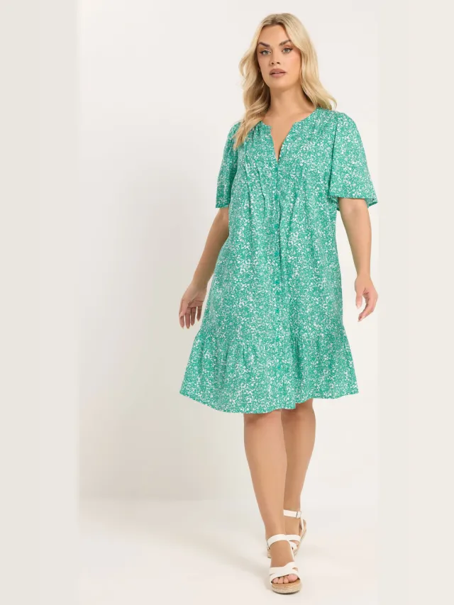 Yours Groene Smockjurk Met Fijne Bloemenprint-56 Green
