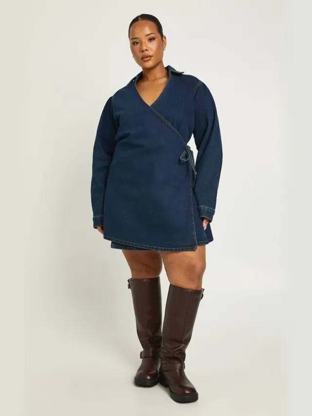 boohoo Dames Plus Denim Wikkel Jurk Donker Indigo
