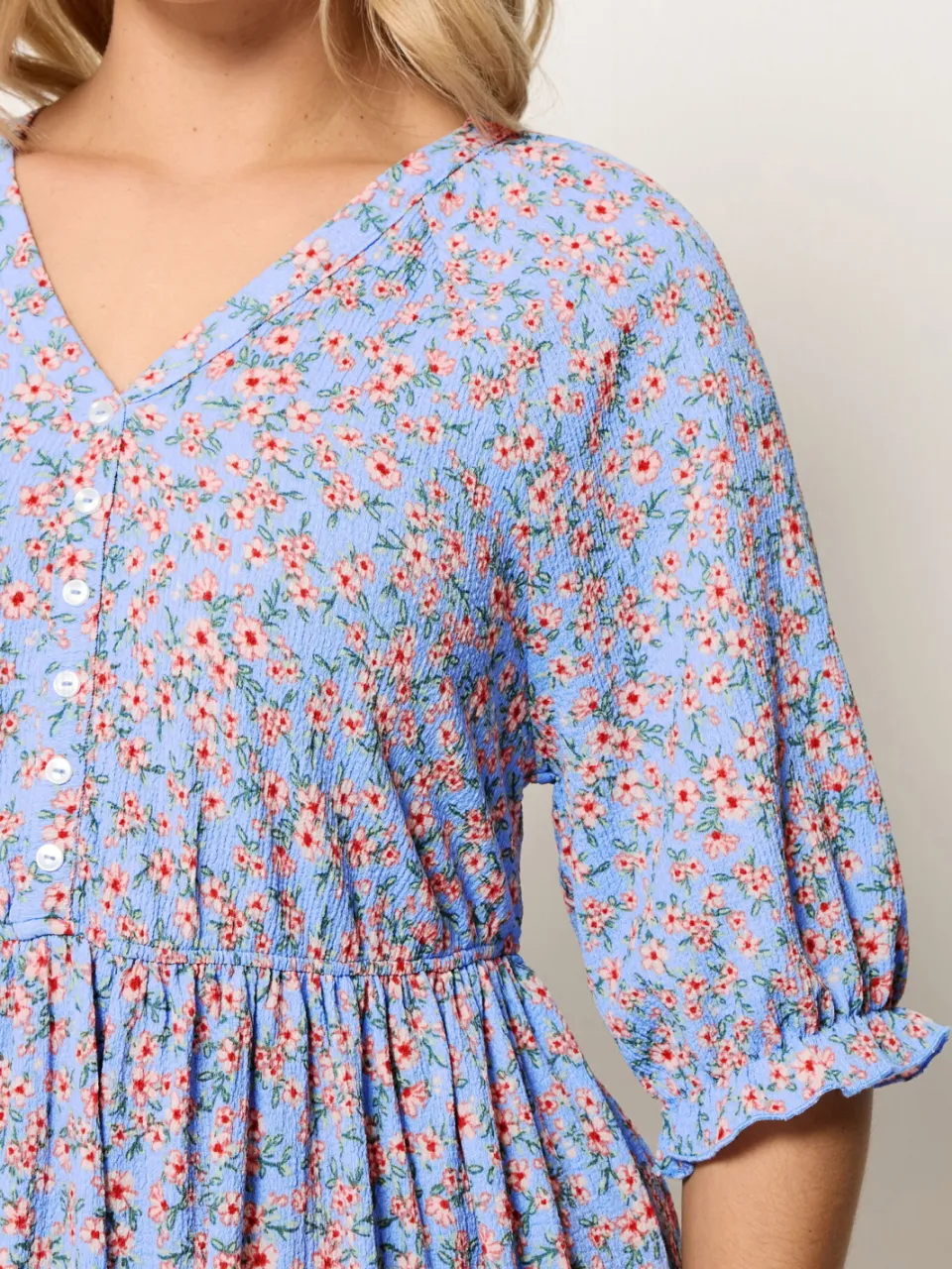 Yours Blauwe Jurk Met Fijne Bloemenprint En Raglanmouwen, foto 3