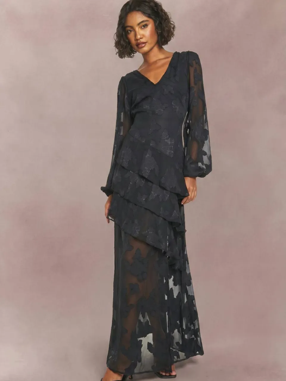 boohoo Dames Tall Burnout Maxi-jurk met Bloemen en Ruches zwart, foto 2