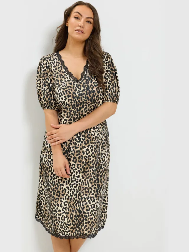Yours Bruine Midijurk Met Luipaardprint En Kanten Afwerking Brown