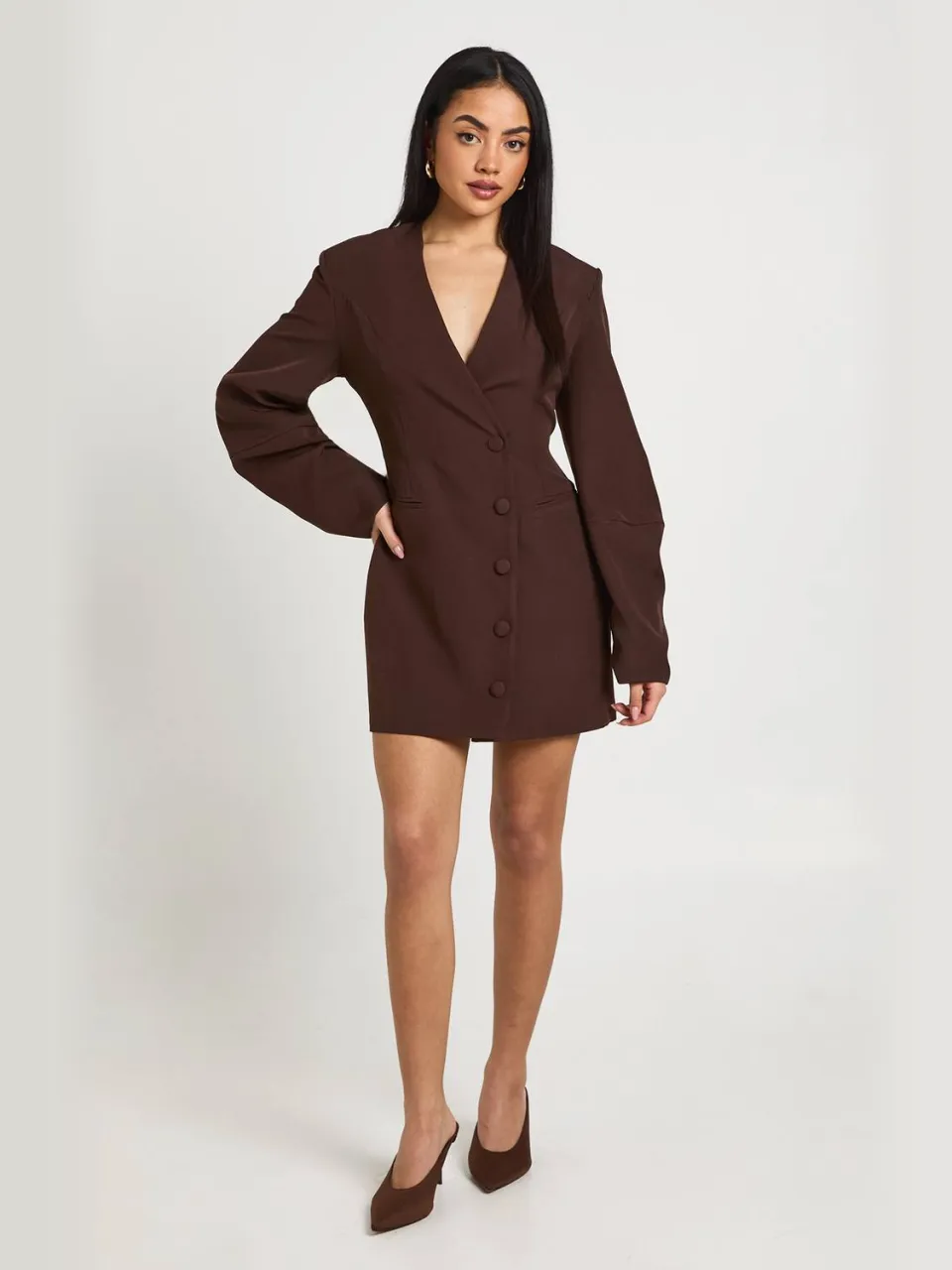 boohoo Dames Barrel Mouw Oversized Blazer Jurk chocoladebruin, foto 3