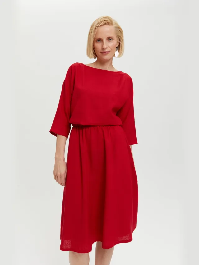 AYANI dames vegan Midi Jurk Nane Lange Mouw Scharlakenrood