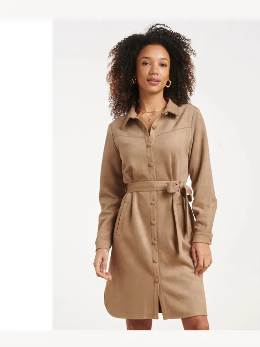 Smashed Lemon suèdelook jurk met ceintuur taupe