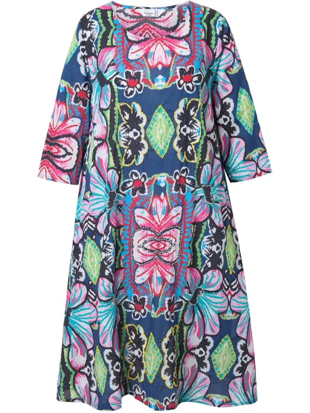 MIAMODA Dames - Midi-jurk A-lijn bloemmotief 3/4-mouw - Donkerblauw