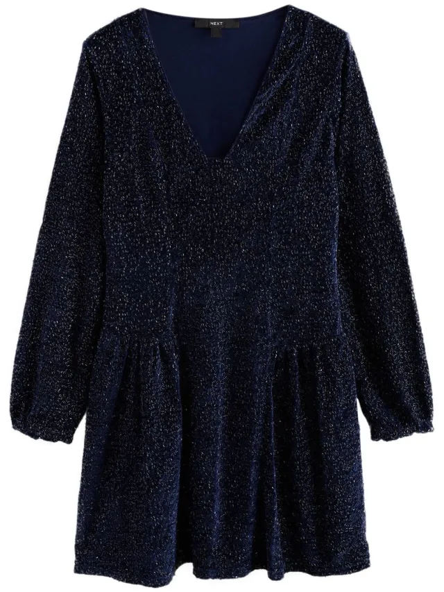 Next Dames - Mini-jurk met lange mouwen, lovertjes en V-hals - Blauw Navy Blue