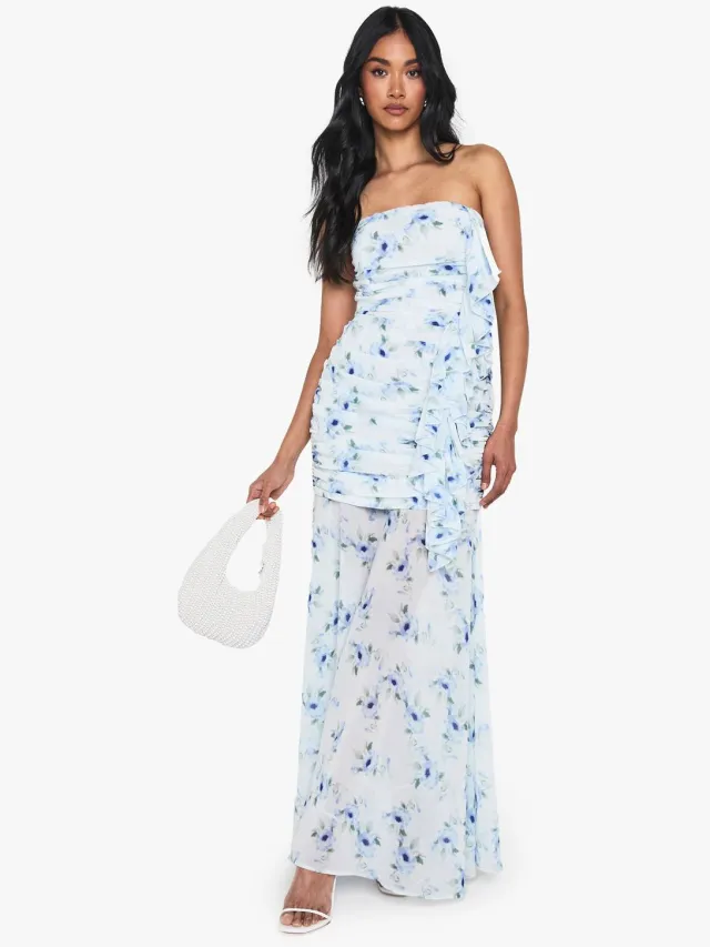 boohoo Dames Chiffon Geruched Maxi-Jurk Blauw