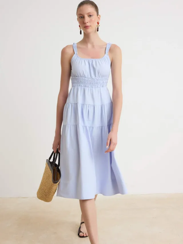 Trendyol TRENDYOLMİLLA Dames Blauw Effen Midi Mouwloos Skater Jurken