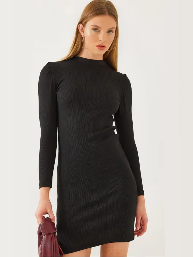 Bianco Lucci Geribbelde Jersey Mini-jurk met Ronde Hals Zwart