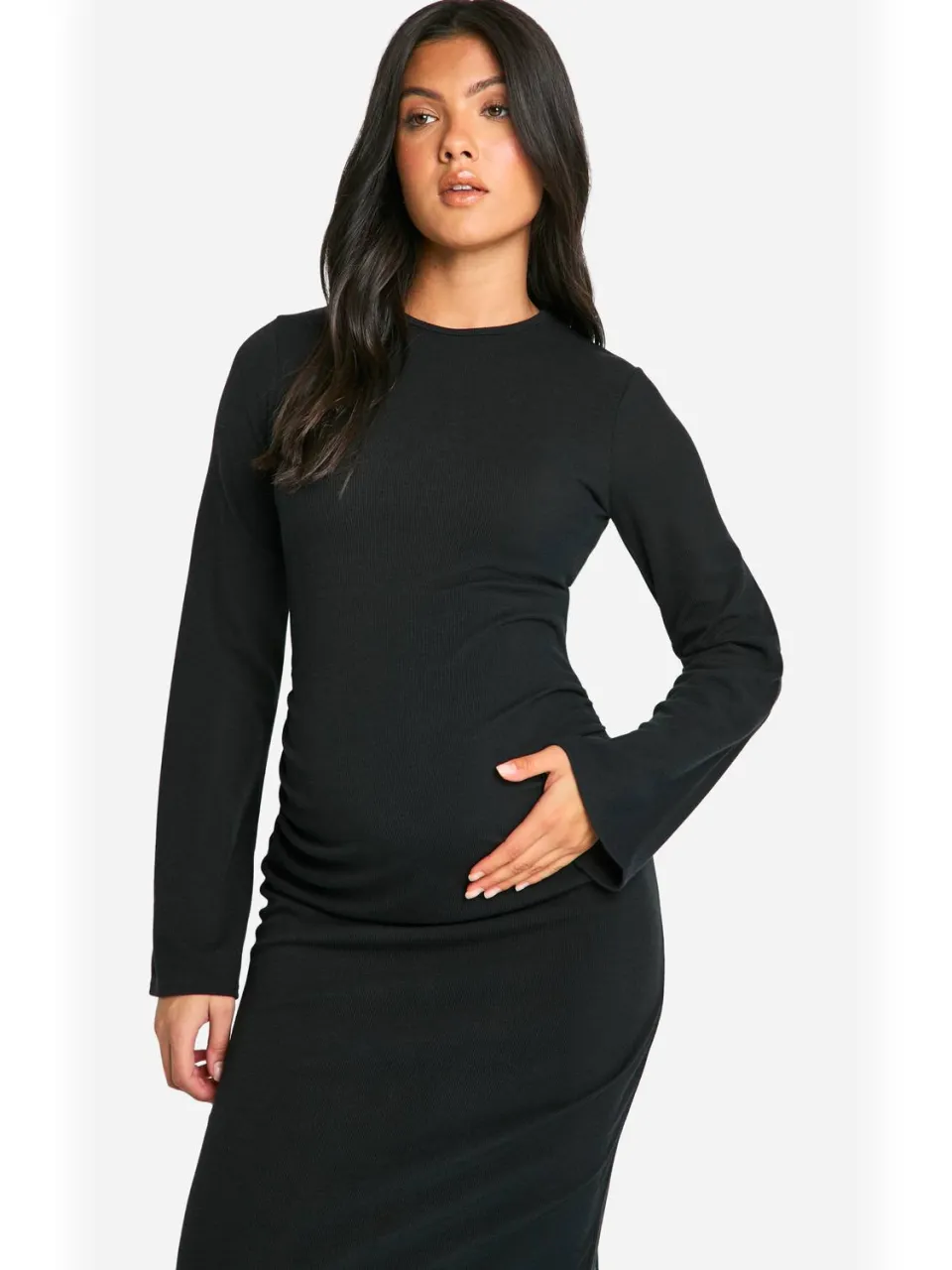 boohoo Dames Zwangerschapsjurk met geribbelde stof, ronde hals, uitlopende mouwen en column-silhouet maxi-jurk zwart, foto 2