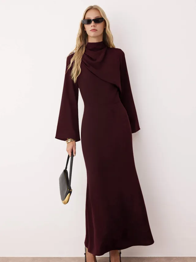 Trendyol Modest Dames Bordeaux Effen Maxi Lang Casual A-lijn Modest Avond Jurken Bordeauxrood