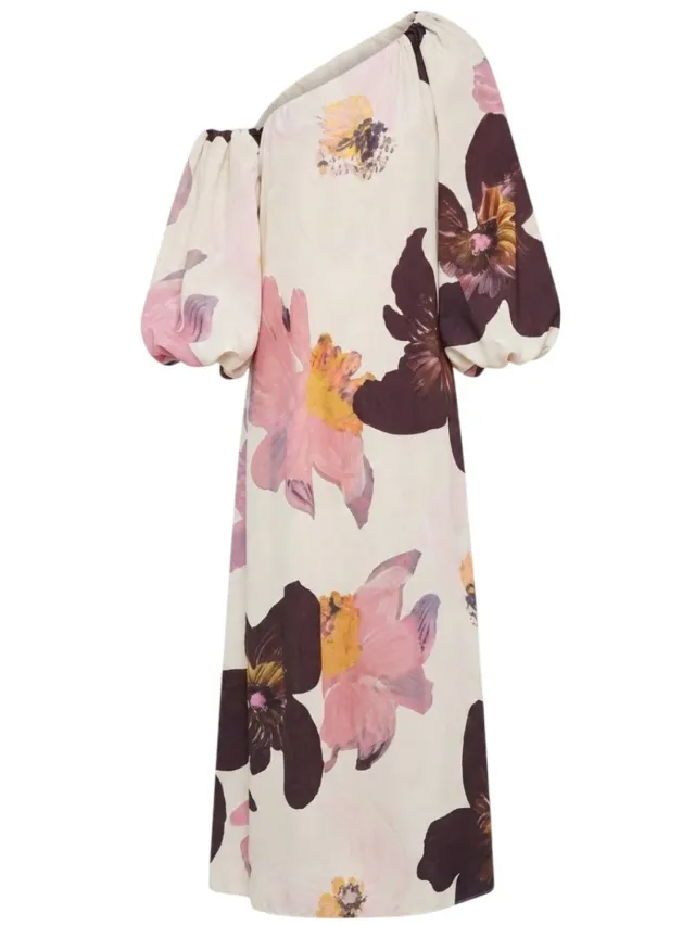 Stine Goya jurk ecru met grote bloemenprint en asymmetrische hals voor dames - XS (34)
