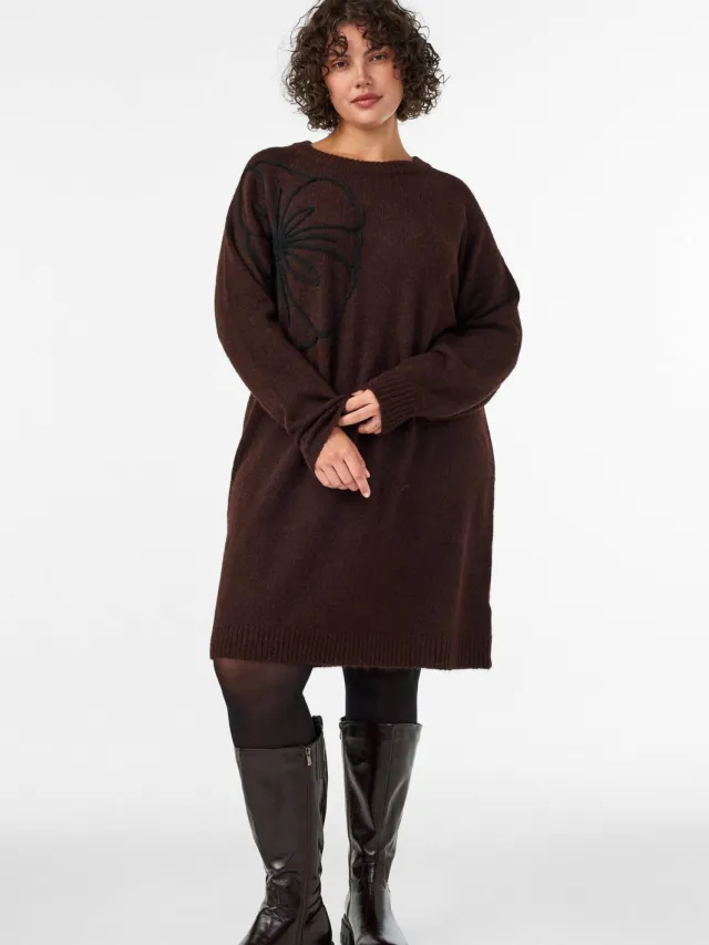 Zizzi Plus Size gebreide midi jurk met borduursels en wol - donkerbruin, foto 2