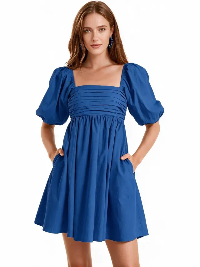 Imily Bela Dames Babydoll Mini Jurk met Vierkante Hals en Pofmouwen Blauw