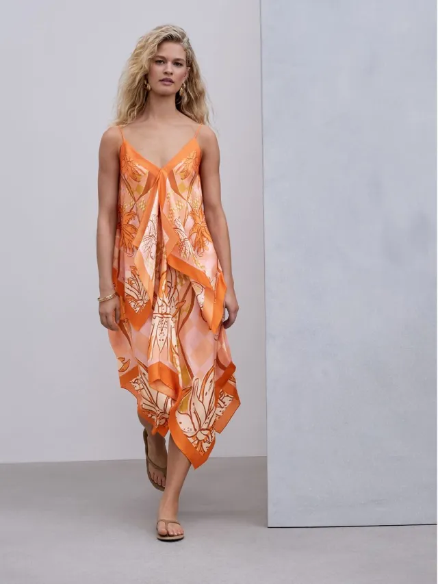 Next Dames - Midi-jurk met sjaal en asymmetrische zoom - Oranje Orange Floral