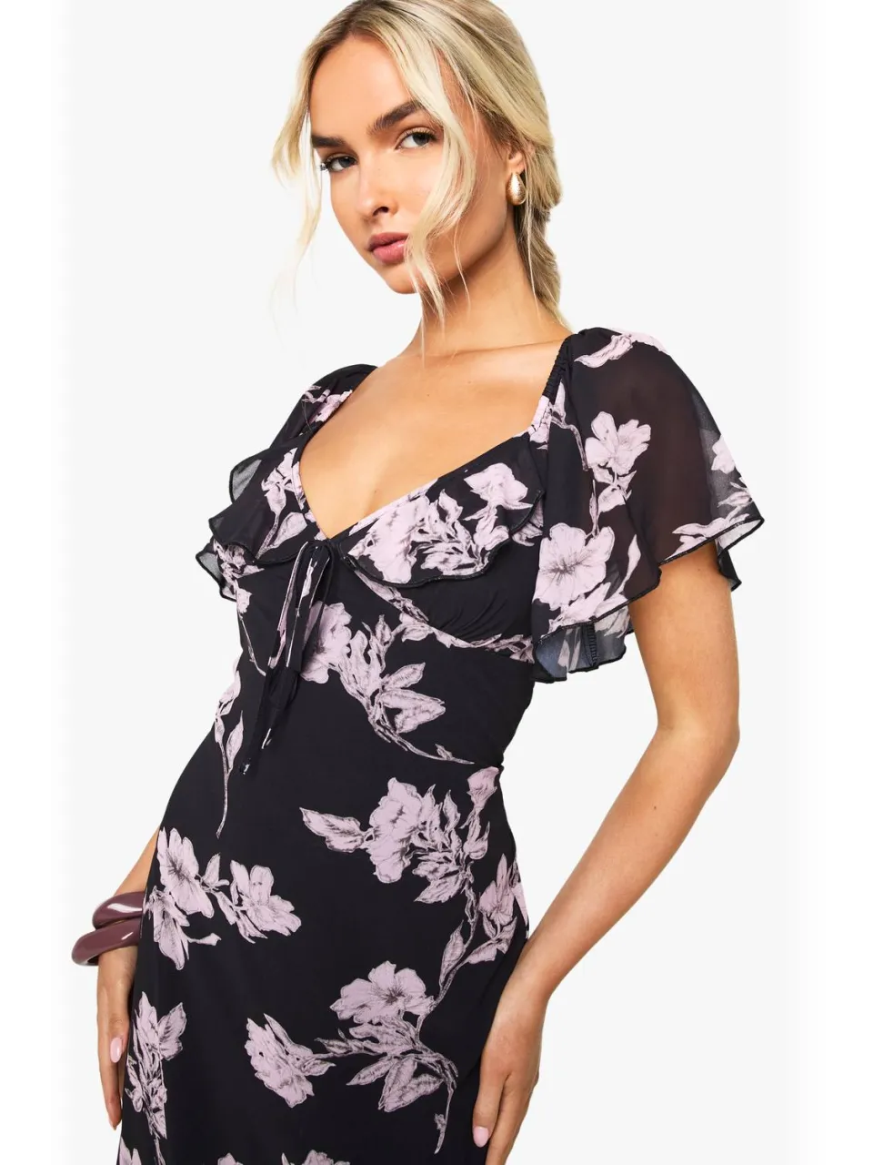 boohoo Dames Bloemenchiffon Plunge Maxi-jurk zwart, foto 2