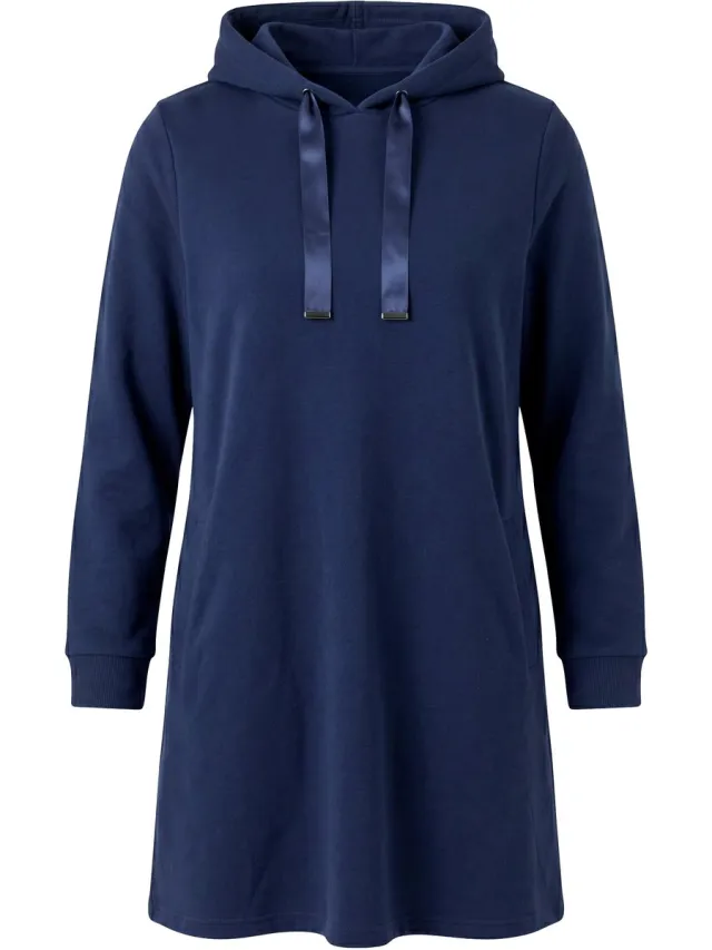 Ulla Popken Dames - Sweatjurk capuchon A-lijn lange mouwen zakken - Marine - Maat 42+