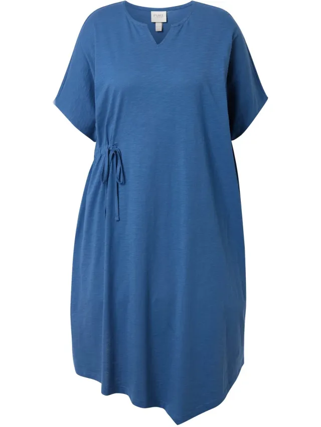 Ulla Popken Dames - Midi-jurk tuniekhals korte mouwen biologisch katoen - Denim blauw - Maat 50+