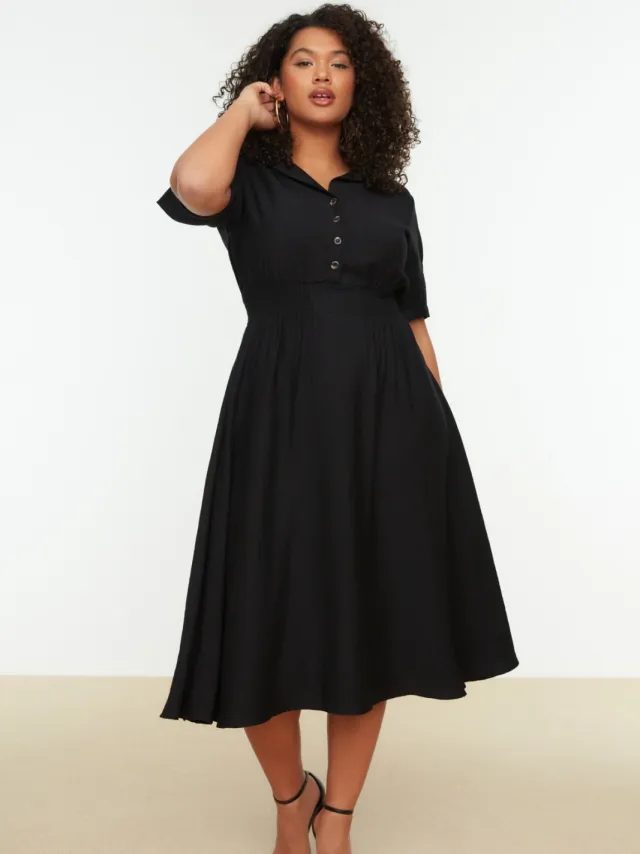 Trendyol Curve Dames Zwart Effen Midi Kort Casual A-lijn Grote maten Jurk