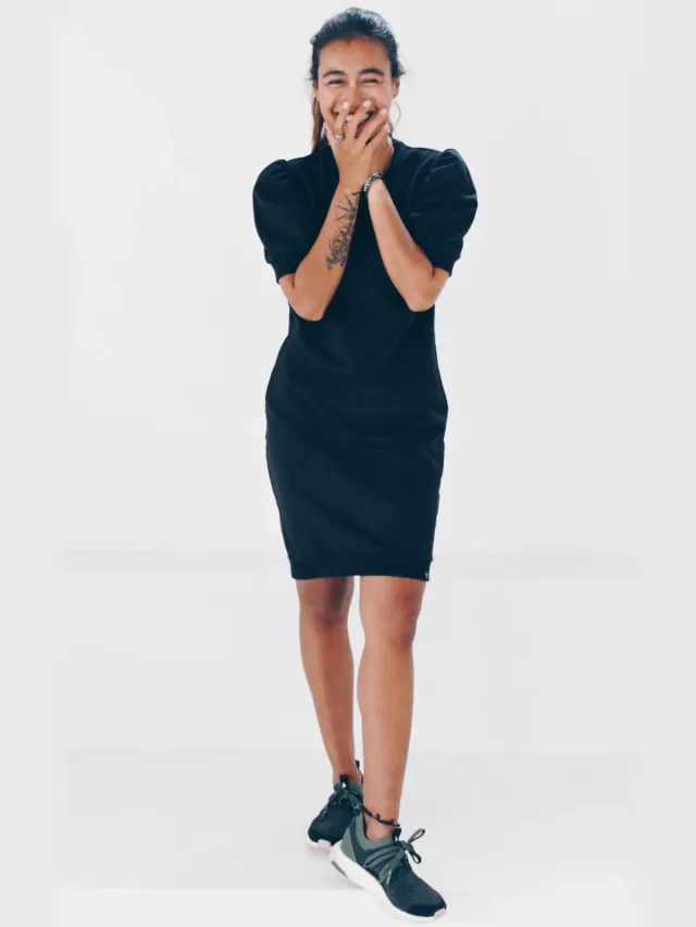 The Driftwood Tales dames vegan Jurk Met Pofmouwen Zwart