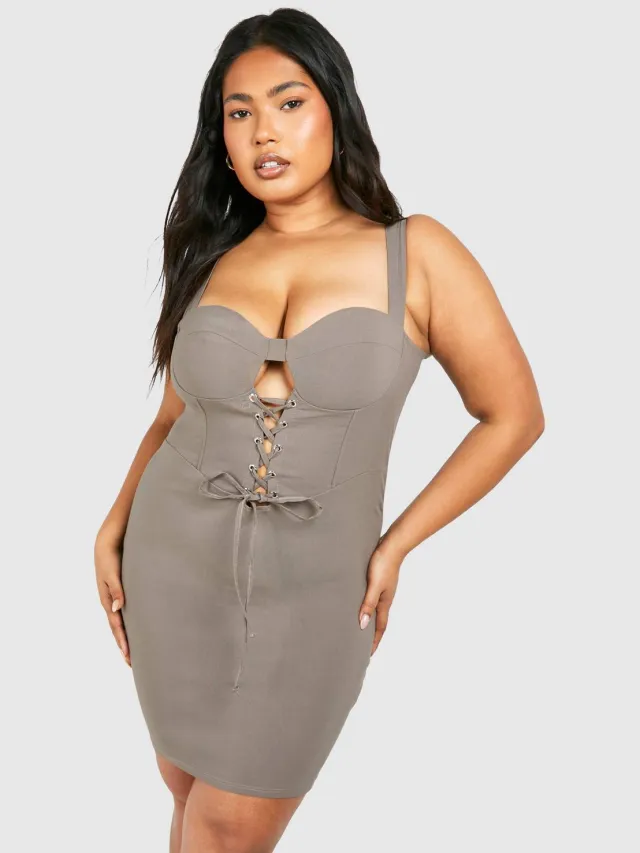 boohoo Dames Plus Bengaline Met Veters Bodycon Jurk Taupe