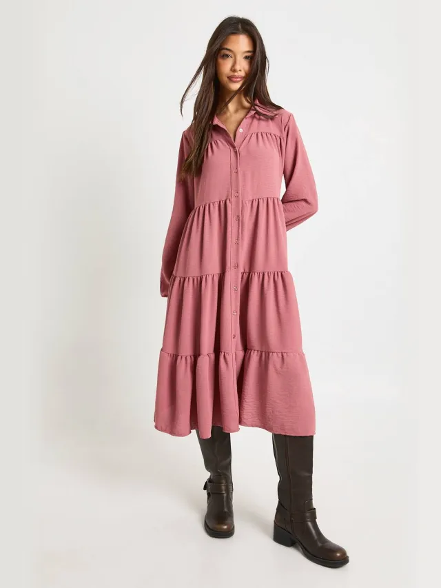 boohoo Dames Getextureerde gelaagde midi smock jurk Woestijnroos