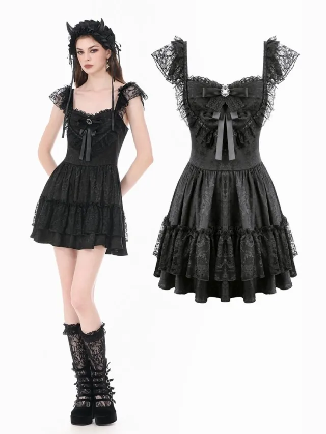 Dark In Love Gothic Lolita Jacquard Lace FlutterSleeve Cake Mini jurk - L - Zwart