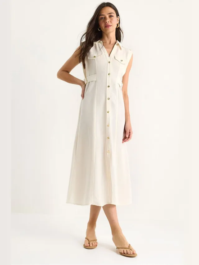 Bianco Lucci Gordel Gedetailleerde Midi Jurk Beige