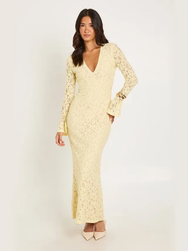 boohoo Dames Maxi-jurk Met Geribde Kant En Uitlopende Mouwen Citroen