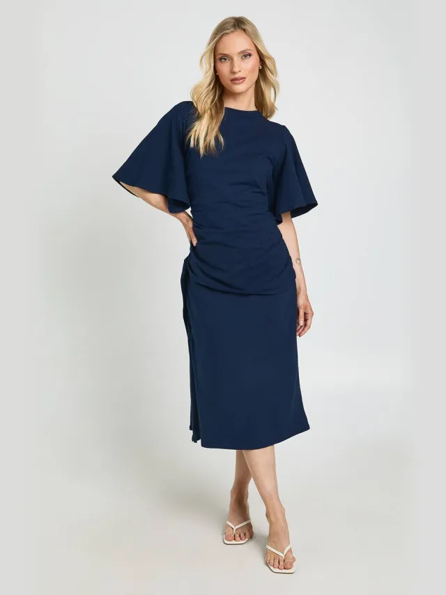 boohoo Dames Petite Cape Drape Detail Midaxi T-shirt Jurk Marineblauw