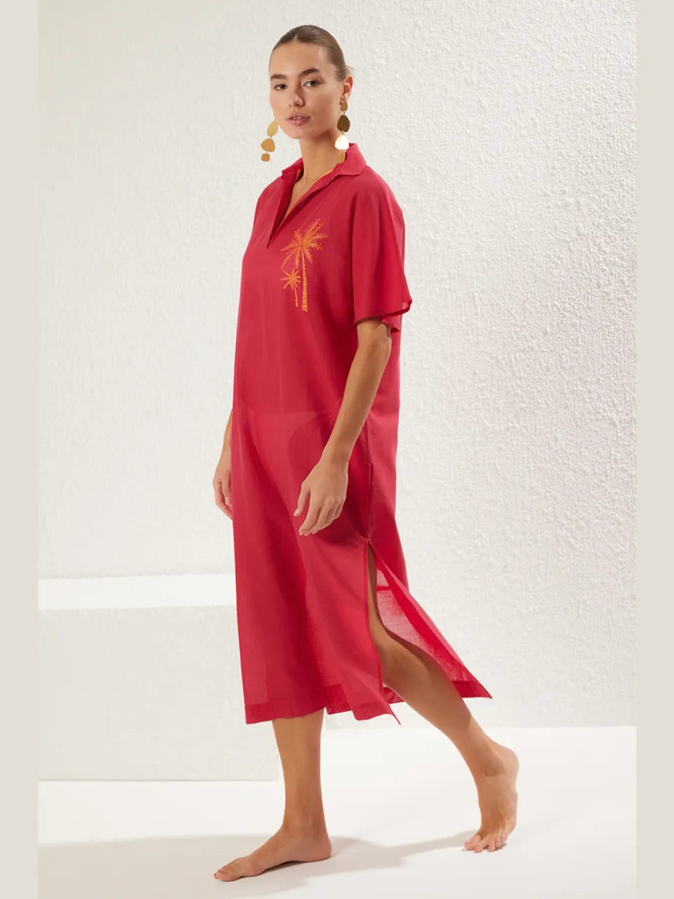 Trendyol TRENDYOLMİLLA Dames Roze Effen Midi Kort Strandkleding Recht Strandjurken Fuchsia