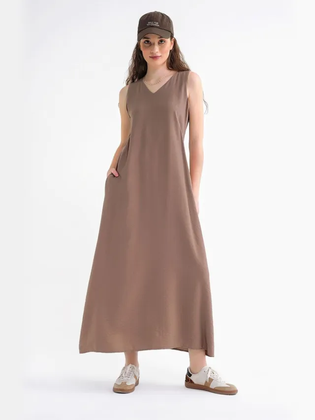 Mixray V-hals Mouwloze Maxi-Jurk met Zakken Mokka