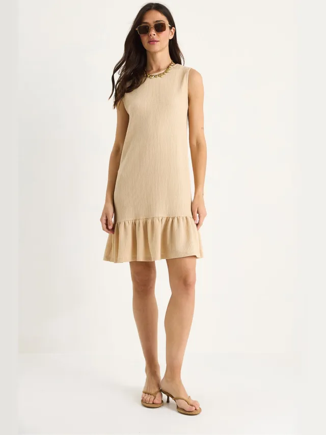 Bianco Lucci Geweven Crepe Midi Jurk met Rimpeldetail Beige