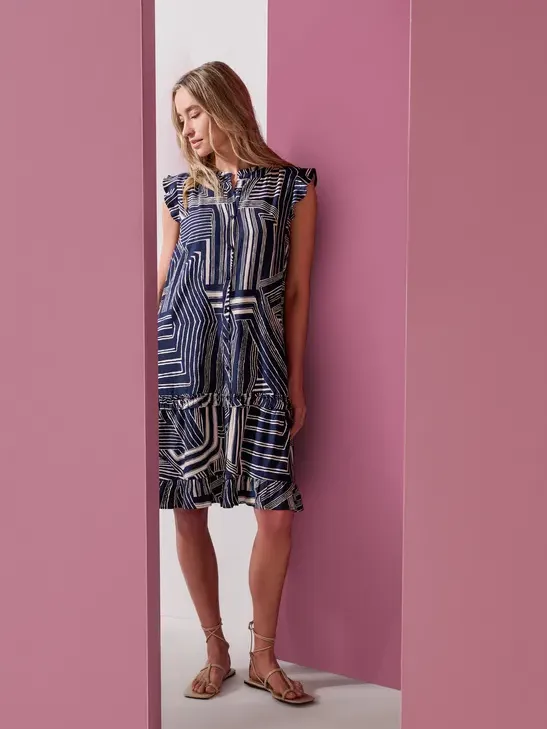 Street One Knie-lange jurk met ronde hals en print Blauw