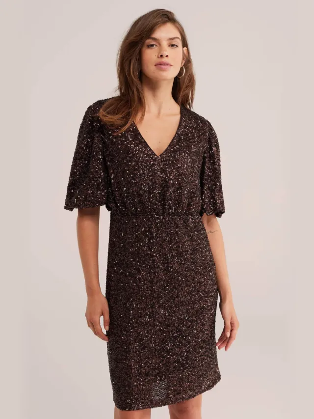 WE Fashion korte glitterjurk met pailletten - donkerbruin
