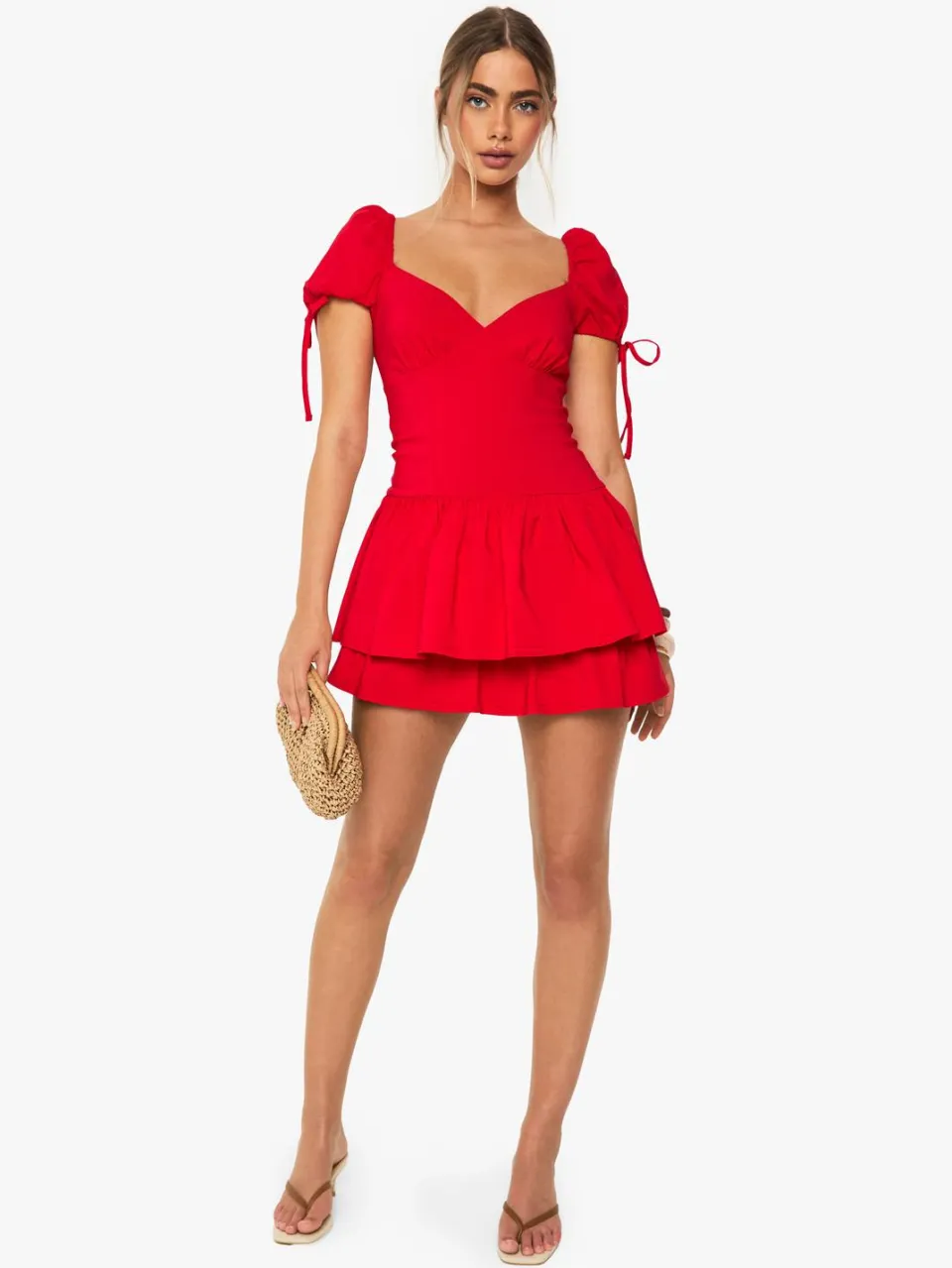 boohoo Dames Frill Puff Sleeve Milkmaid Mini Jurk rood, foto 3