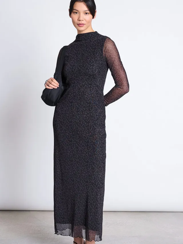 JAN N JUNE dames vegan Maxi Jurk Zaldi Mesh Dark Leo Zwart