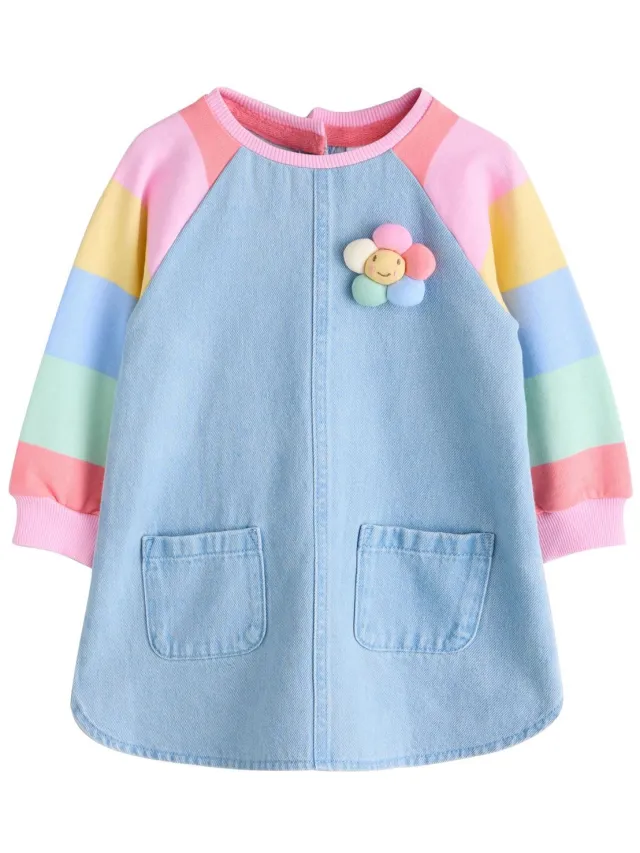 Next Meisjes - Denim jurk met raglanmouwen - Blauw Pastel Rainbow