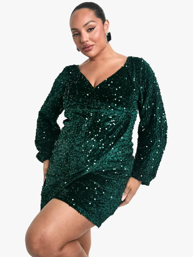 boohoo Dames Plus Velvet Sequin Swing Dress Smaragdgroen